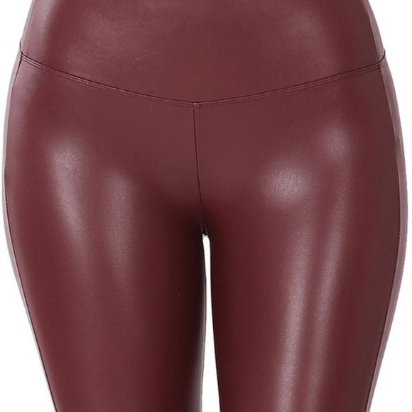 High Waist Faux Leather Leggings Burgundy - Picture 2 of 7